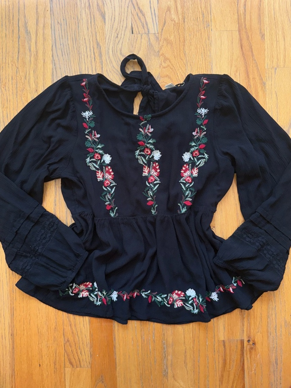 American Eagle Outfitters Black Floral Embroidered Peplum Blouse